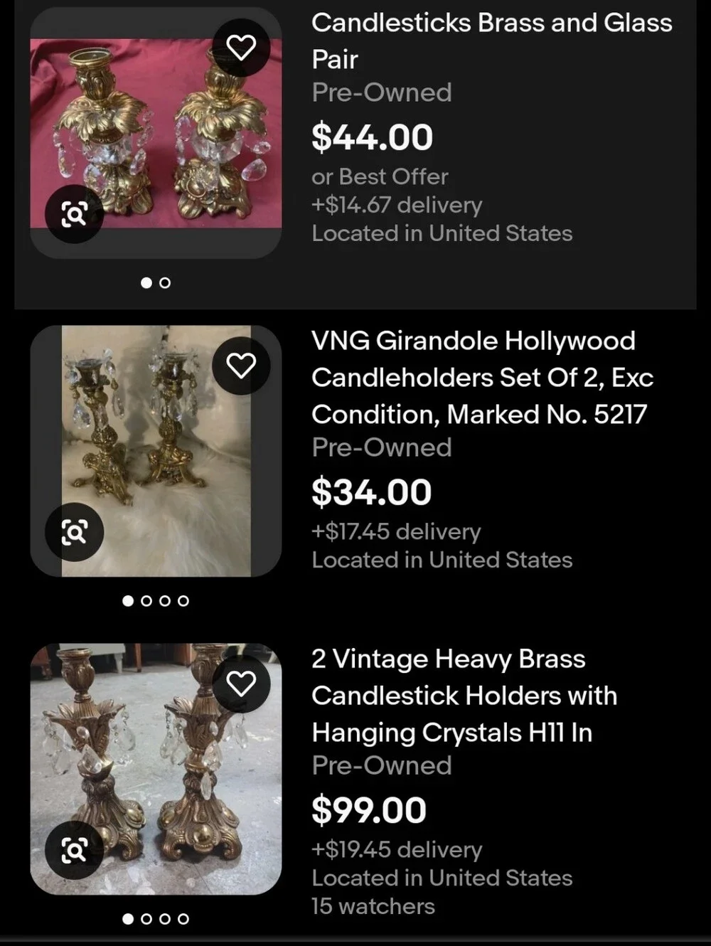 081426 2 Vintage Heavy Brass Candlestick Holders with Hanging Crystals H11 In#bo
